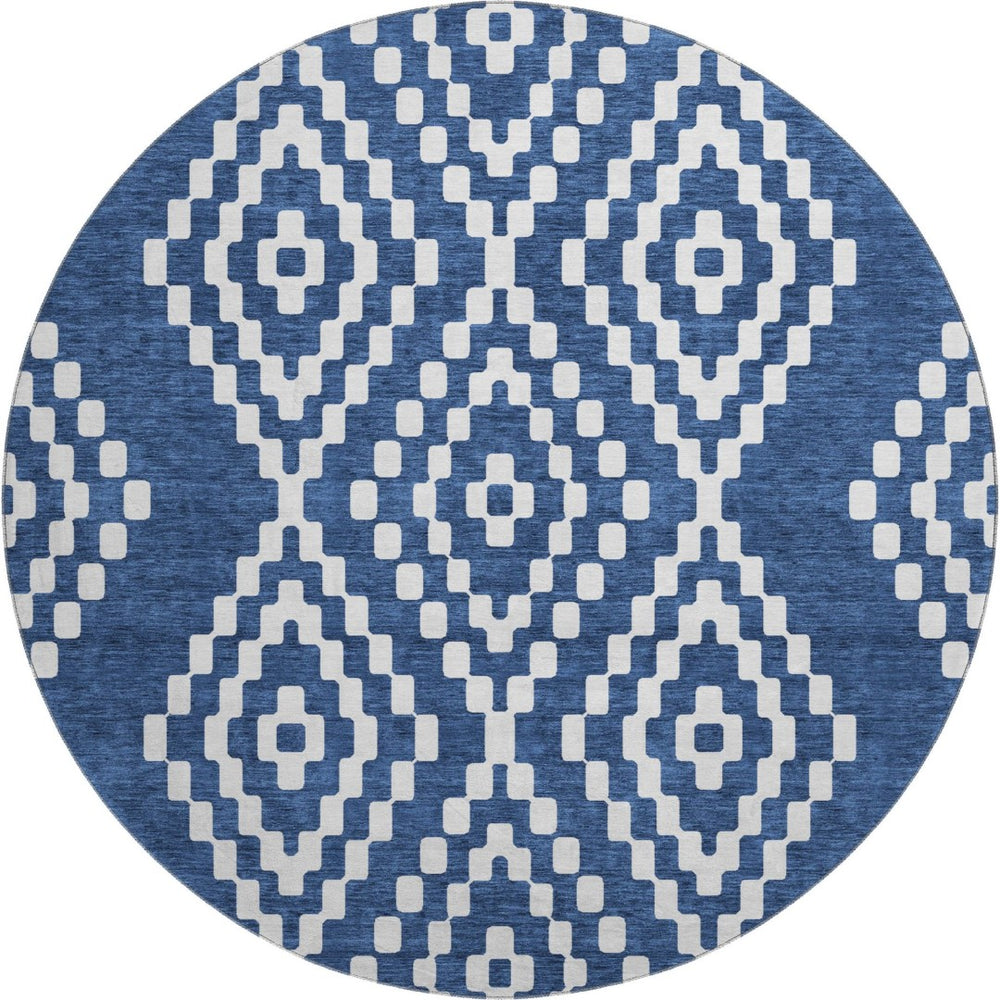 HomeRoots 8' Navy Blue & Ivory Geometric Washable Round Rug - Durable, UV-Protected, Modern Decor Essential 670805