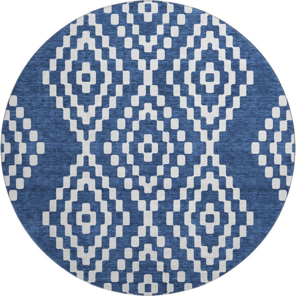 HomeRoots 8' Navy Blue & Ivory Geometric Washable Round Rug - Durable, UV-Protected, Modern Decor Essential 670805