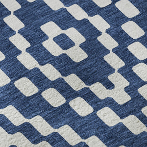 HomeRoots 8' Navy Blue & Ivory Geometric Washable Round Rug - Durable, UV-Protected, Modern Decor Essential 670805