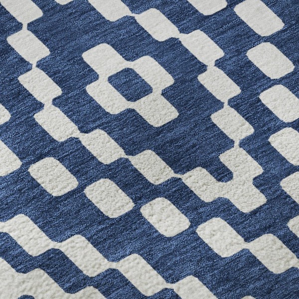 HomeRoots 8' Navy Blue & Ivory Geometric Washable Round Rug - Durable, UV-Protected, Modern Decor Essential 670805
