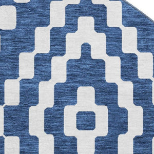 HomeRoots 8' Navy Blue & Ivory Geometric Washable Round Rug - Durable, UV-Protected, Modern Decor Essential 670805