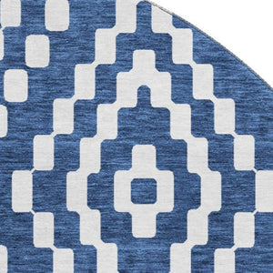 HomeRoots 8' Navy Blue & Ivory Geometric Washable Round Rug - Durable, UV-Protected, Modern Decor Essential 670805
