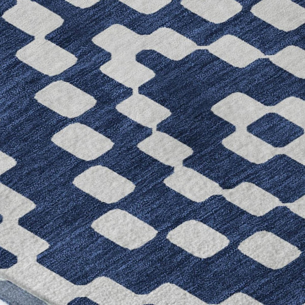 HomeRoots 8' X 10' Navy Blue and Ivory Geometric Area Rug – Washable, Stain Resistant, UV Protected for Families 670806