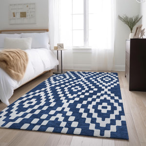 HomeRoots 10' X 14' Navy Blue & Ivory Geometric Washable Area Rug - Durable, UV Resistant, Stylish Design 670808