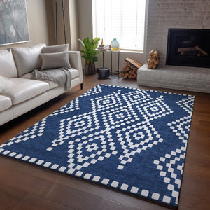 HomeRoots 10' X 14' Navy Blue & Ivory Geometric Washable Area Rug - Durable, UV Resistant, Stylish Design 670808