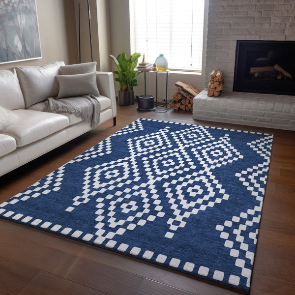 HomeRoots 10' X 14' Navy Blue & Ivory Geometric Washable Area Rug - Durable, UV Resistant, Stylish Design 670808