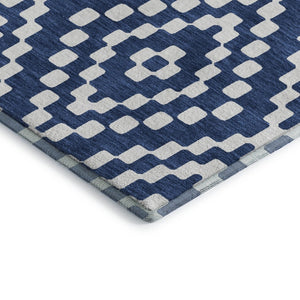 HomeRoots 10' X 14' Navy Blue & Ivory Geometric Washable Area Rug - Durable, UV Resistant, Stylish Design 670808
