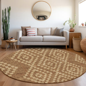 HomeRoots 8' Stylish Rust and Copper Geometric Round Rug - Washable, UV Protected, Durable for High Traffic Areas 670811