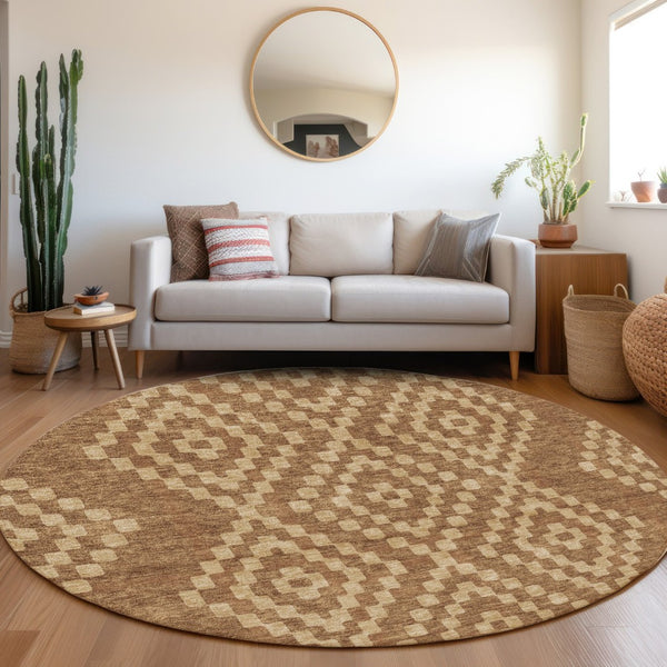 HomeRoots 8' Stylish Rust and Copper Geometric Round Rug - Washable, UV Protected, Durable for High Traffic Areas 670811
