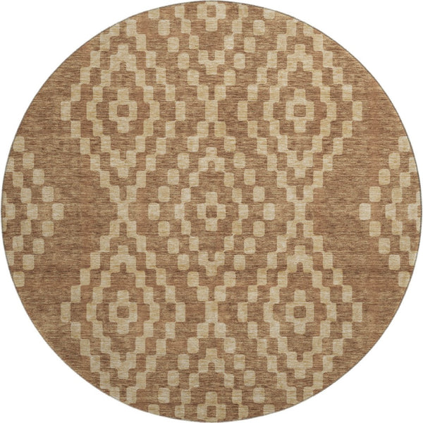 HomeRoots 8' Stylish Rust and Copper Geometric Round Rug - Washable, UV Protected, Durable for High Traffic Areas 670811