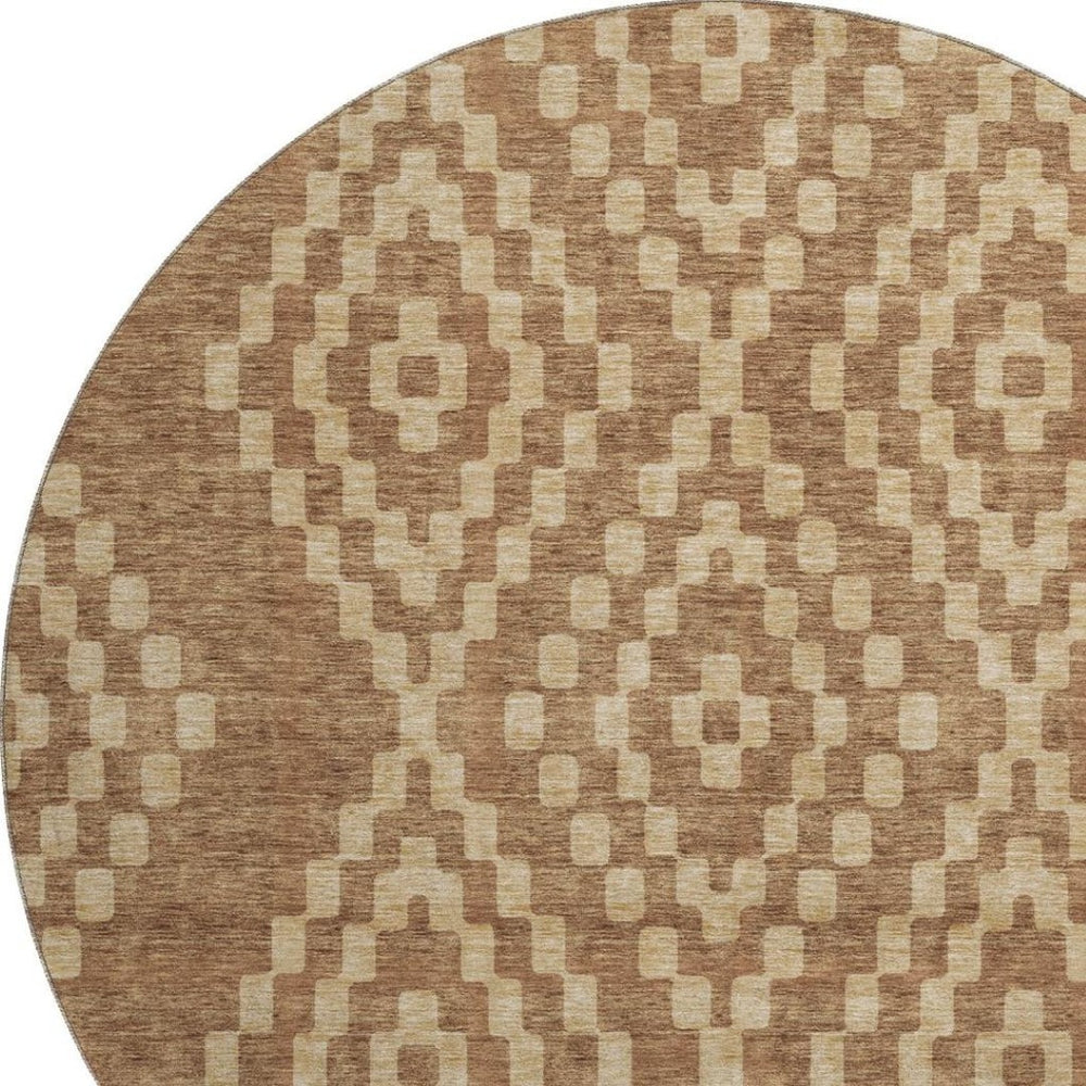 HomeRoots 8' Stylish Rust and Copper Geometric Round Rug - Washable, UV Protected, Durable for High Traffic Areas 670811