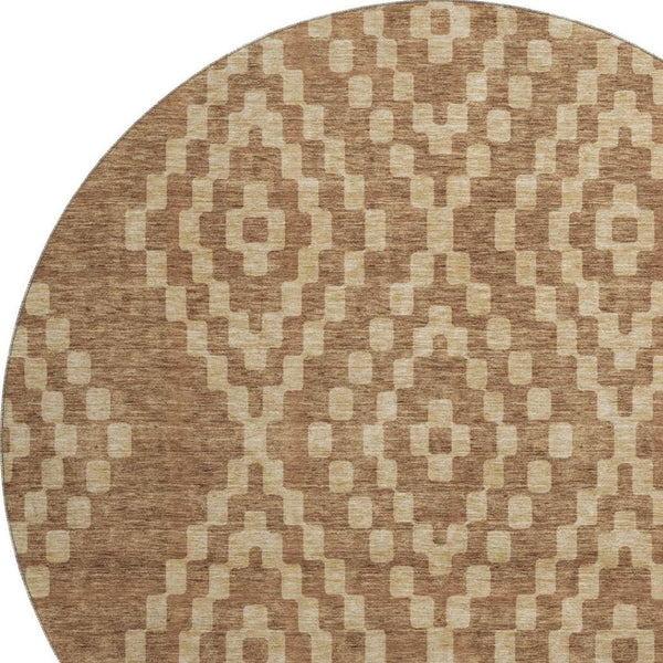 HomeRoots 8' Stylish Rust and Copper Geometric Round Rug - Washable, UV Protected, Durable for High Traffic Areas 670811