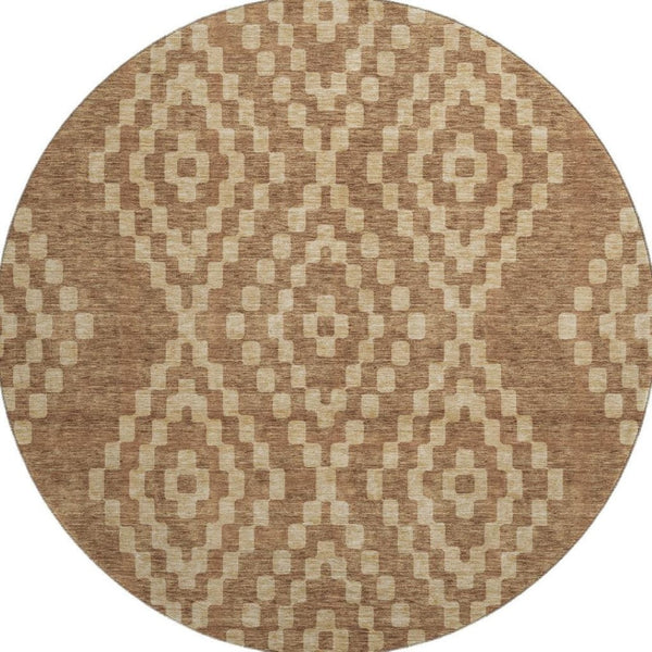 HomeRoots 8' Stylish Rust and Copper Geometric Round Rug - Washable, UV Protected, Durable for High Traffic Areas 670811