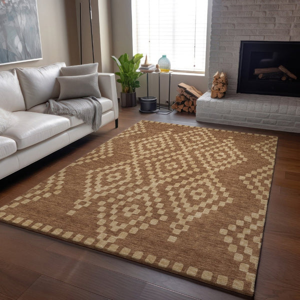 HomeRoots 10' X 14' Modern Rust & Copper Geometric Area Rug - Washable, Stain-Resistant, UV Protected Decor! 670814