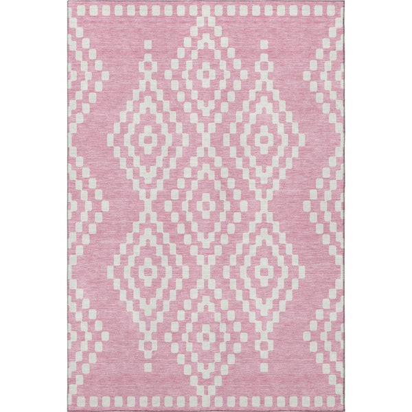 HomeRoots 5' X 8' Pink and Ivory Geometric Washable Area Rug - Durable, Stain-Resistant, Sun-Proof Design! 670816