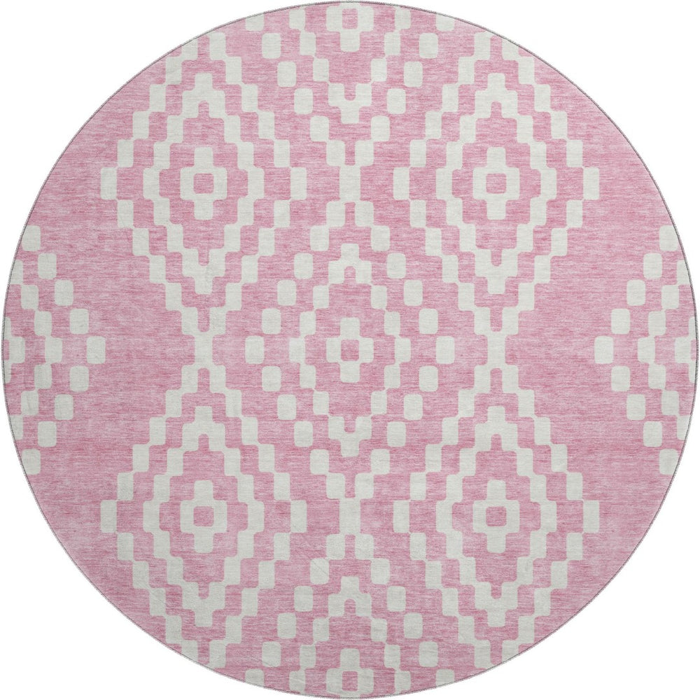 HomeRoots 8' Modern Pink and Ivory Geometric Washable Round Rug - UV Protected, Durable, and Stain-Resistant! 670817