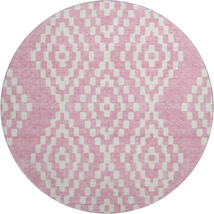 HomeRoots 8' Modern Pink and Ivory Geometric Washable Round Rug - UV Protected, Durable, and Stain-Resistant! 670817