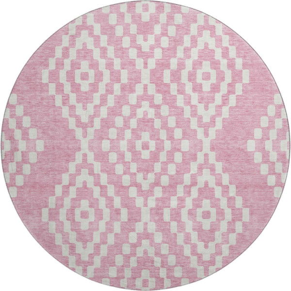HomeRoots 8' Modern Pink and Ivory Geometric Washable Round Rug - UV Protected, Durable, and Stain-Resistant! 670817