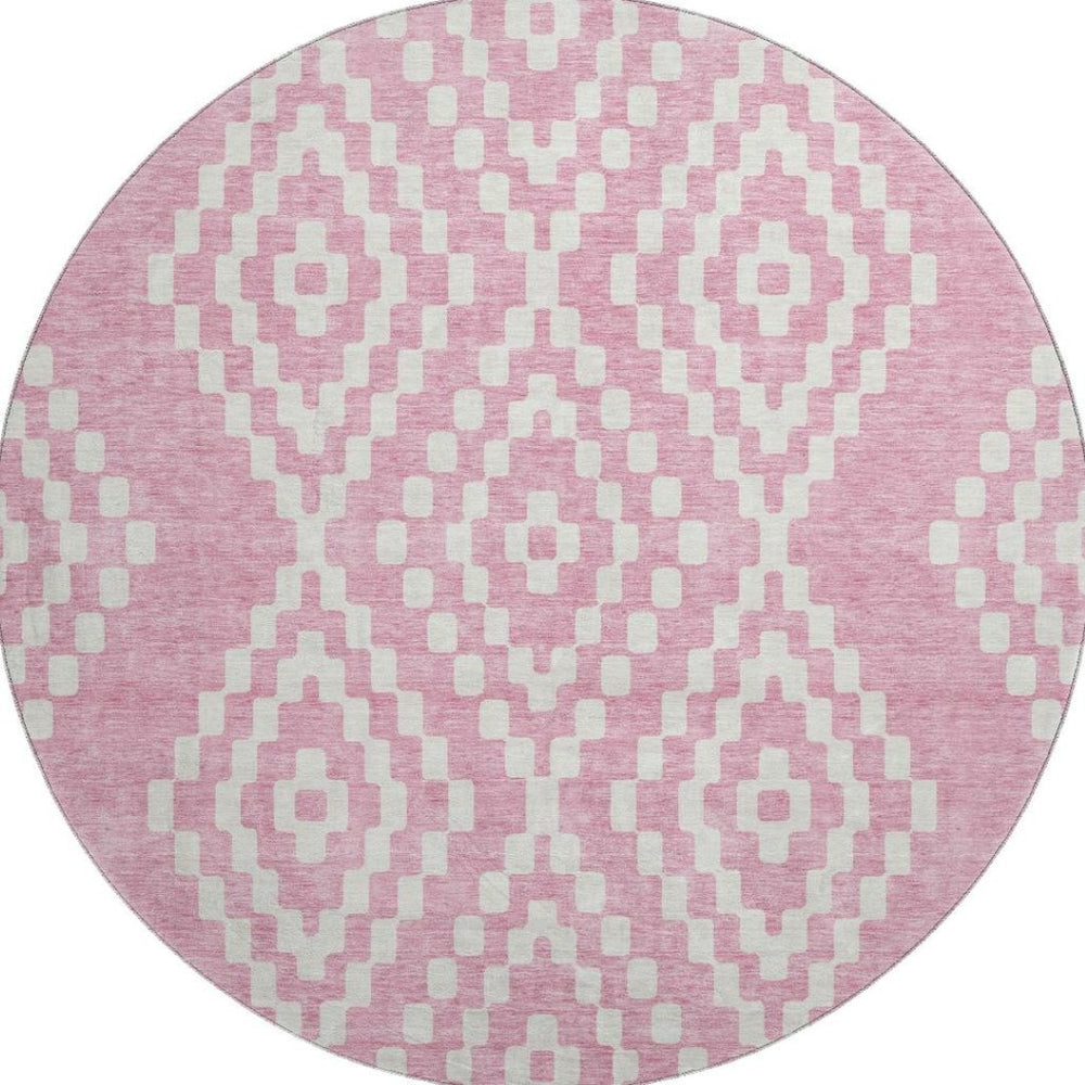 HomeRoots 8' Modern Pink and Ivory Geometric Washable Round Rug - UV Protected, Durable, and Stain-Resistant! 670817