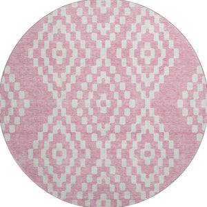 HomeRoots 8' Modern Pink and Ivory Geometric Washable Round Rug - UV Protected, Durable, and Stain-Resistant! 670817
