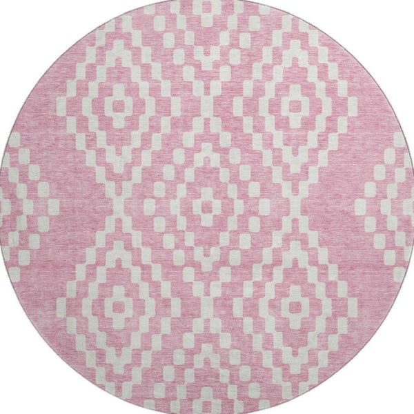 HomeRoots 8' Modern Pink and Ivory Geometric Washable Round Rug - UV Protected, Durable, and Stain-Resistant! 670817