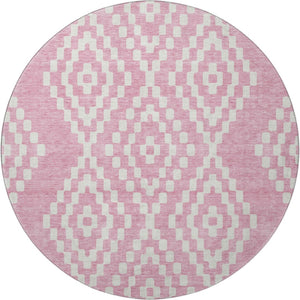 HomeRoots 8' Modern Pink and Ivory Geometric Washable Round Rug - UV Protected, Durable, and Stain-Resistant! 670817