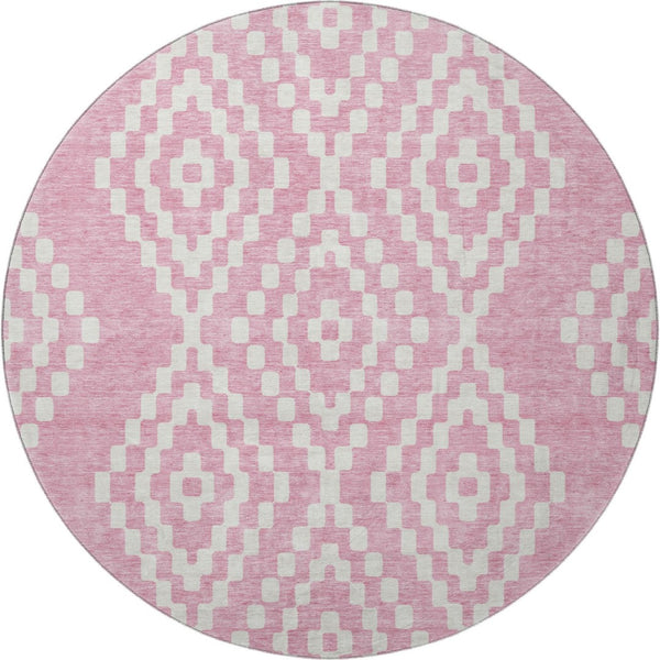 HomeRoots 8' Modern Pink and Ivory Geometric Washable Round Rug - UV Protected, Durable, and Stain-Resistant! 670817