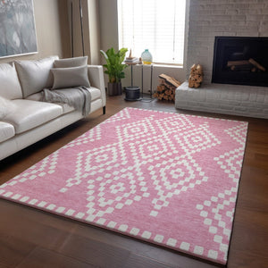 HomeRoots 9' X 12' Pink and Ivory Geometric Area Rug - Washable, UV Protected, Stain Resistant for High-Traffic Spaces 670819