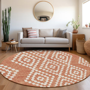 HomeRoots 8' Salmon and Ivory Geometric Round Rug - Stylish, Washable, UV-Protected for Modern Spaces! 670823