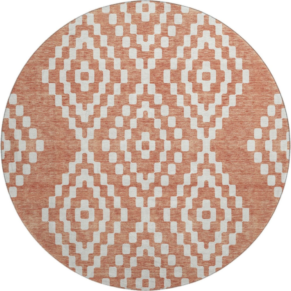HomeRoots 8' Salmon and Ivory Geometric Round Rug - Stylish, Washable, UV-Protected for Modern Spaces! 670823