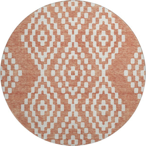 HomeRoots 8' Salmon and Ivory Geometric Round Rug - Stylish, Washable, UV-Protected for Modern Spaces! 670823