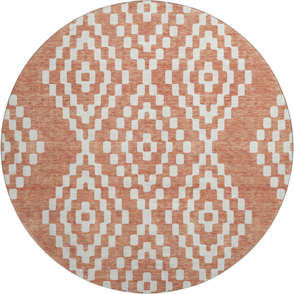 HomeRoots 8' Salmon and Ivory Geometric Round Rug - Stylish, Washable, UV-Protected for Modern Spaces! 670823