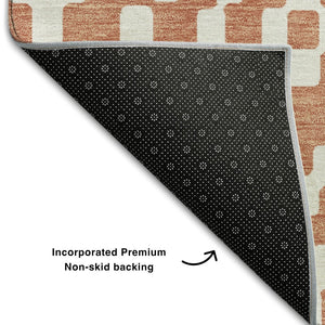 HomeRoots 8' Salmon and Ivory Geometric Round Rug - Stylish, Washable, UV-Protected for Modern Spaces! 670823