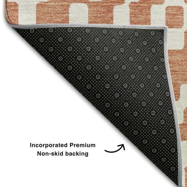 HomeRoots 8' Salmon and Ivory Geometric Round Rug - Stylish, Washable, UV-Protected for Modern Spaces! 670823