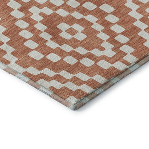 HomeRoots 8' Salmon and Ivory Geometric Round Rug - Stylish, Washable, UV-Protected for Modern Spaces! 670823