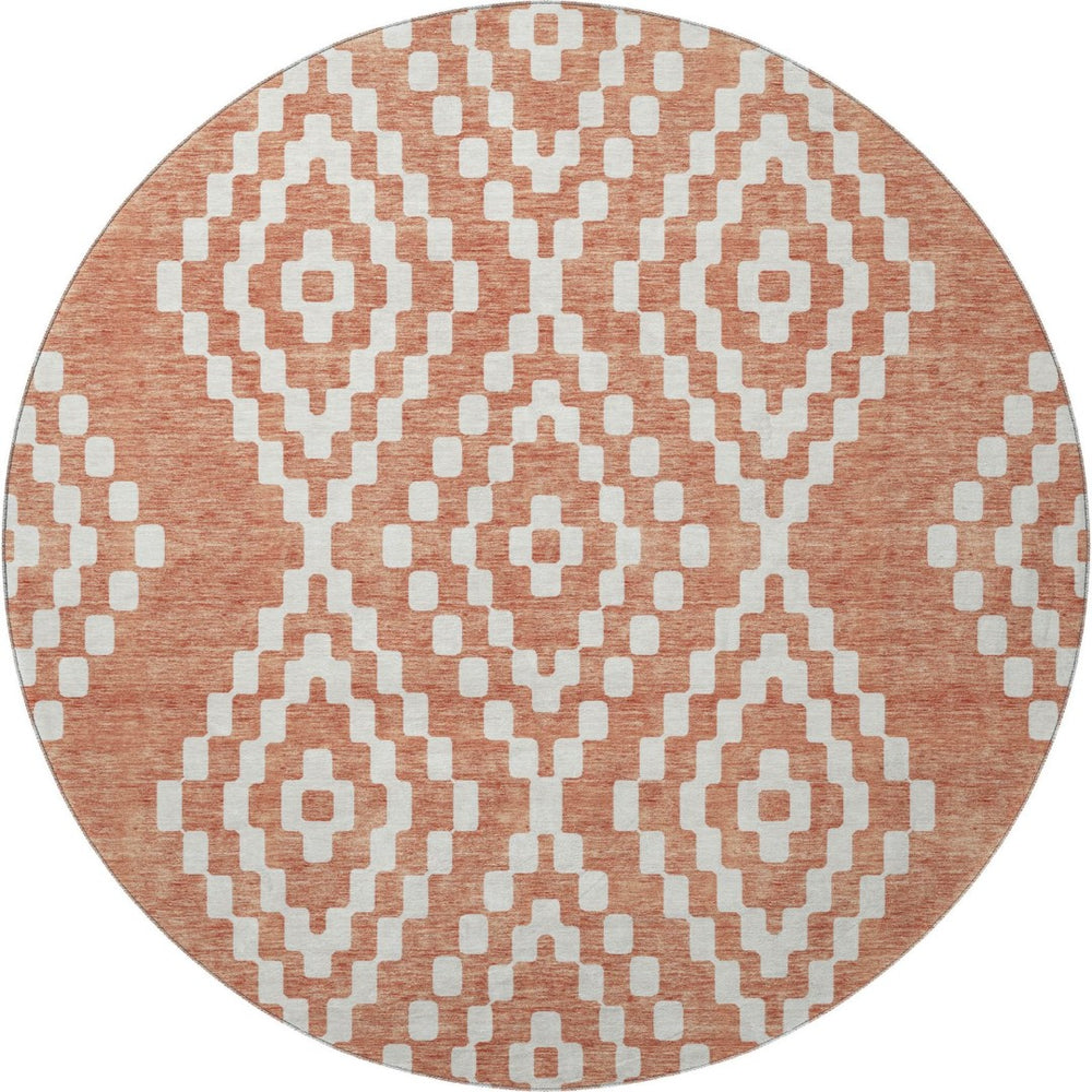 HomeRoots 8' Salmon and Ivory Geometric Round Rug - Stylish, Washable, UV-Protected for Modern Spaces! 670823