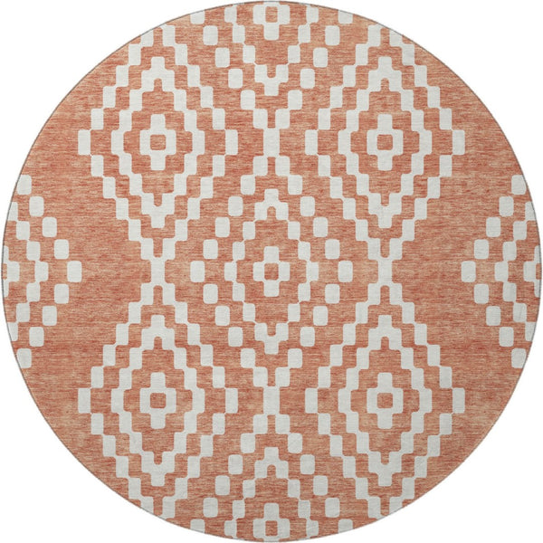 HomeRoots 8' Salmon and Ivory Geometric Round Rug - Stylish, Washable, UV-Protected for Modern Spaces! 670823