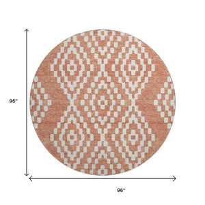 HomeRoots 8' Salmon and Ivory Geometric Round Rug - Stylish, Washable, UV-Protected for Modern Spaces! 670823
