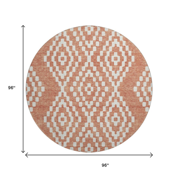 HomeRoots 8' Salmon and Ivory Geometric Round Rug - Stylish, Washable, UV-Protected for Modern Spaces! 670823