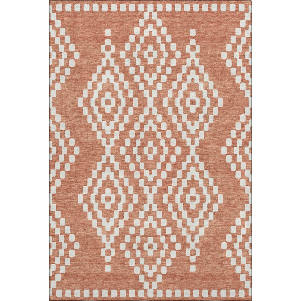 HomeRoots 9' X 12' Salmon and Ivory Geometric Area Rug - Washable, Stain Resistant, UV Protected for Durability 670825
