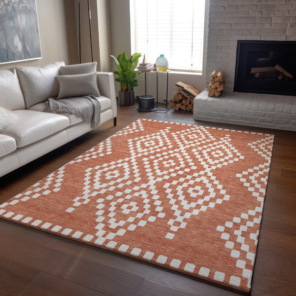 HomeRoots 9' X 12' Salmon and Ivory Geometric Area Rug - Washable, Stain Resistant, UV Protected for Durability 670825
