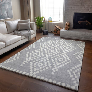 HomeRoots 9' X 12' Stylish Silver and Ivory Geometric Washable Area Rug with UV Protection for Modern Homes 670831