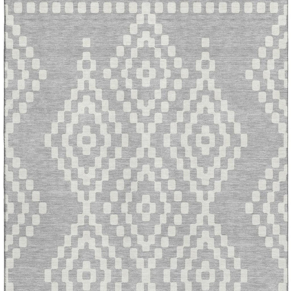 HomeRoots 10' X 14' Stylish Silver and Ivory Geometric Washable Area Rug with UV Protection for High-Traffic Areas 670832