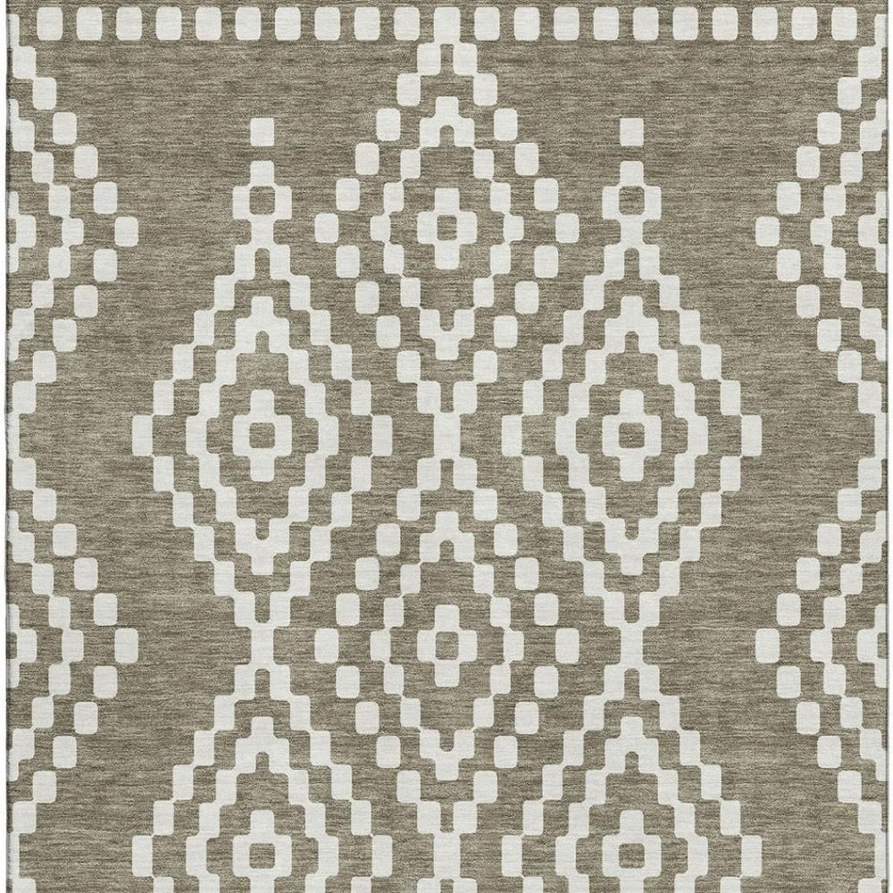 HomeRoots 8' X 10' Stylish Taupe & Ivory Geometric Washable Area Rug with UV Protection for High-Traffic Spaces 670836