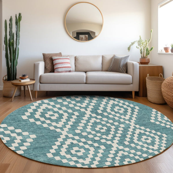 HomeRoots 8' Teal And Ivory Geometric Round Rug – Washable, UV-Protected, Durable Design for Modern Homes 670841