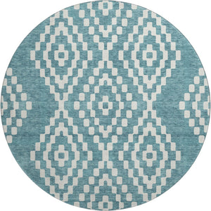 HomeRoots 8' Teal And Ivory Geometric Round Rug – Washable, UV-Protected, Durable Design for Modern Homes 670841
