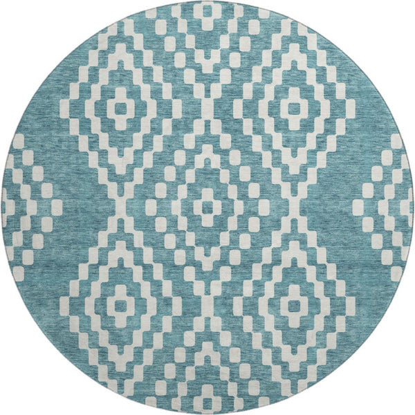 HomeRoots 8' Teal And Ivory Geometric Round Rug – Washable, UV-Protected, Durable Design for Modern Homes 670841
