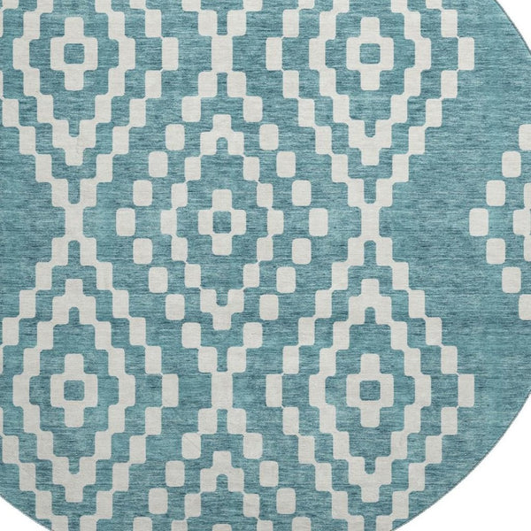 HomeRoots 8' Teal And Ivory Geometric Round Rug – Washable, UV-Protected, Durable Design for Modern Homes 670841