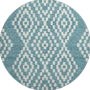 HomeRoots 8' Teal And Ivory Geometric Round Rug – Washable, UV-Protected, Durable Design for Modern Homes 670841
