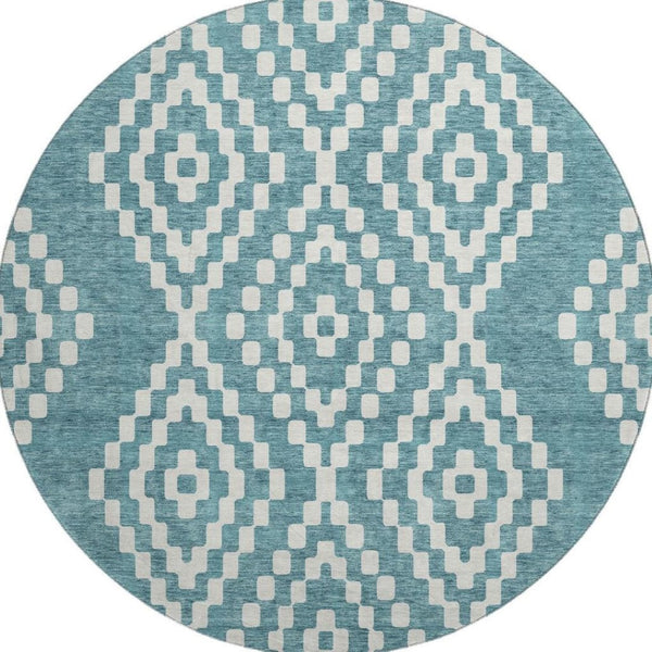 HomeRoots 8' Teal And Ivory Geometric Round Rug – Washable, UV-Protected, Durable Design for Modern Homes 670841